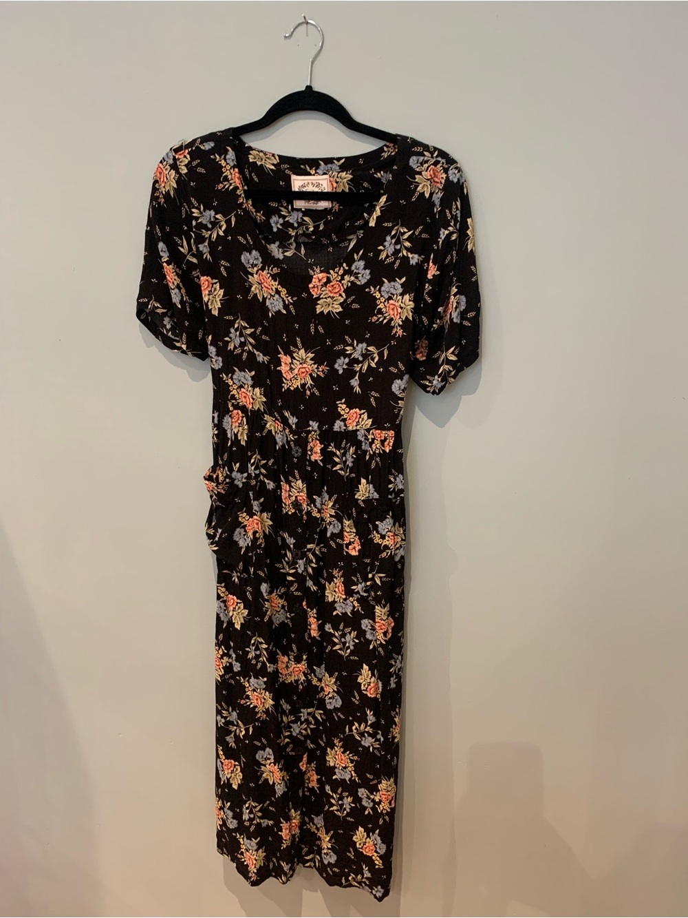 Erika Black Vintage Midi Dress with Pink and Lavender Floral Print